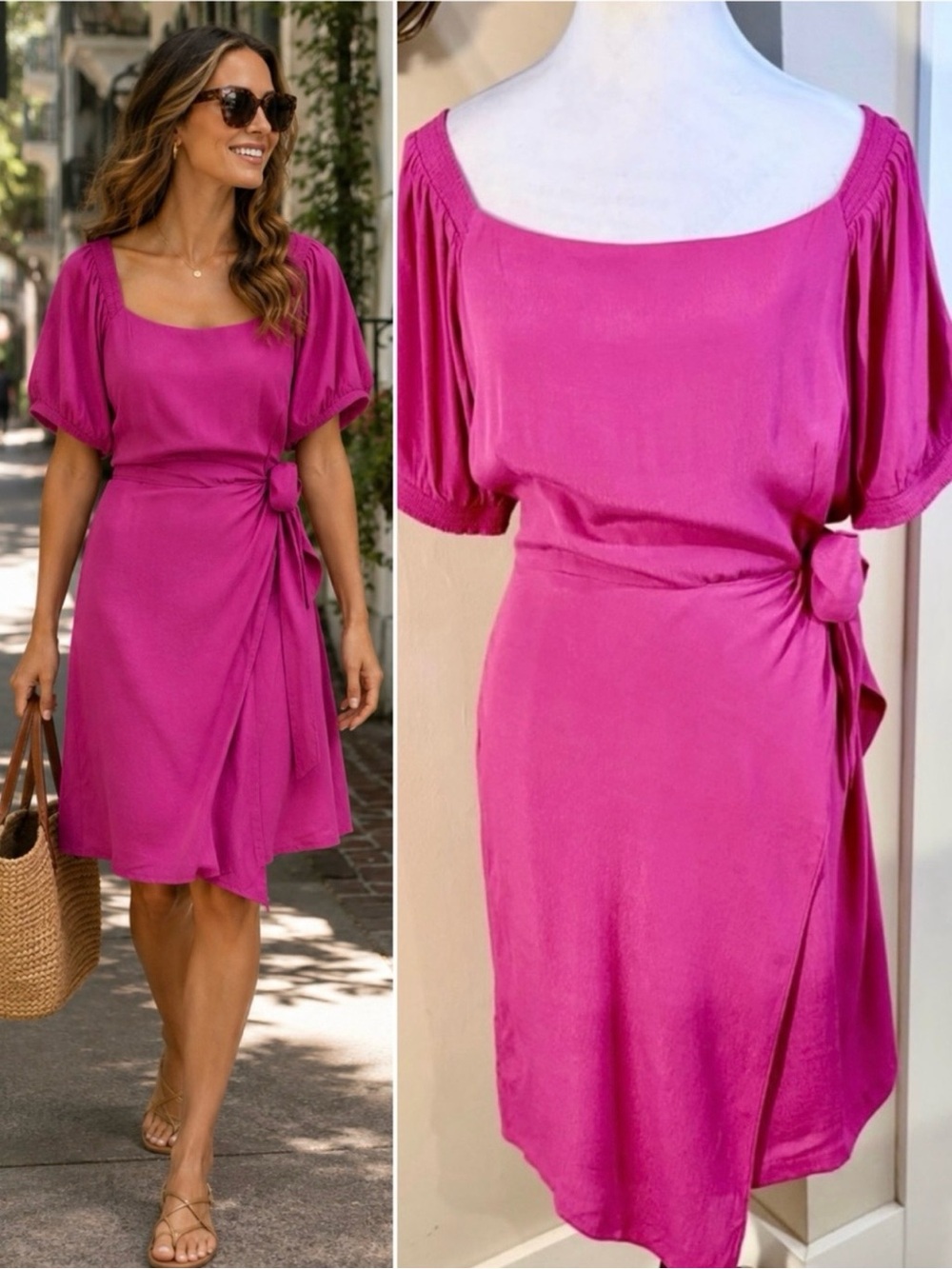 💥NWT Maeve Anthropologie Raspberry Pink Wrap Tie Waist Puff Sleeve Dress 14💛